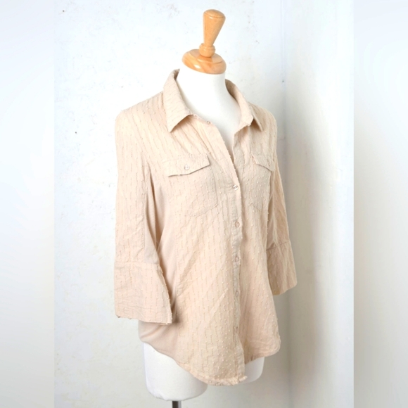 Cl sono | Beige - tan half sleeve women's casual v neck button blouse - Picture 1 of 11